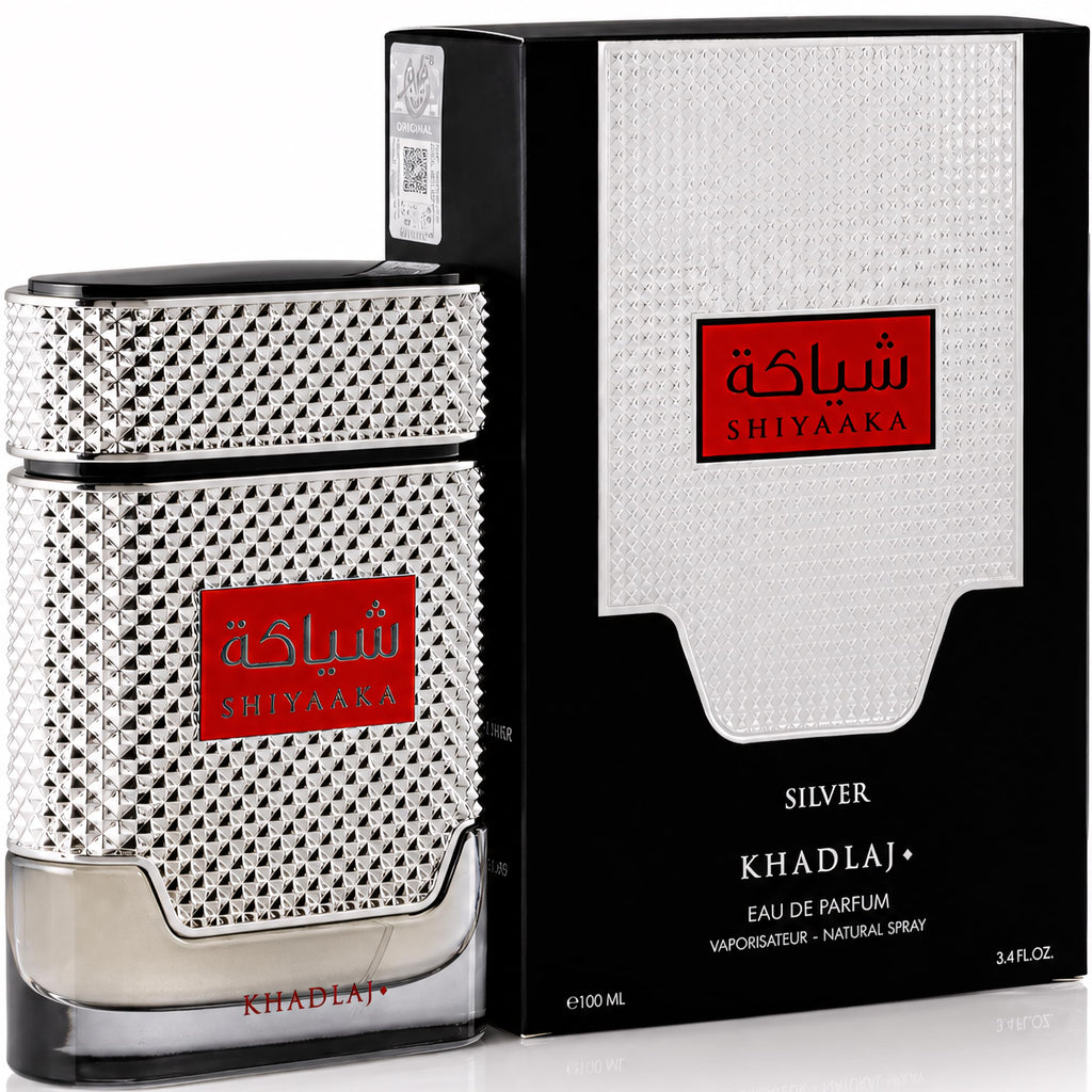 Discover Khadlaj Shiyaaka Snow – a 100% genuine citrusy, woody fragrance in an elegant silver bottle and stylish box.