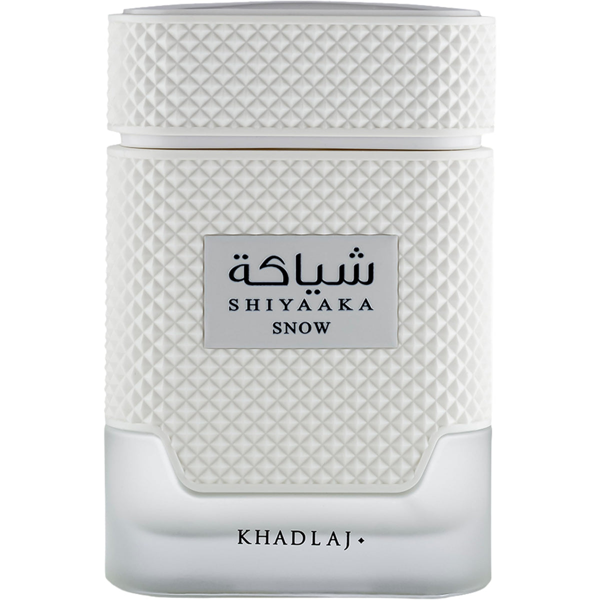 Khadlaj Shiyaaka Snow features a textured white bottle design, showcasing a fresh, citrusy, and woody fragrance.