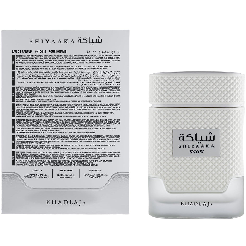 Khadlaj Shiyaaka Snow perfume for men in elegant white packaging, featuring citrusy and woody notes. Original product.