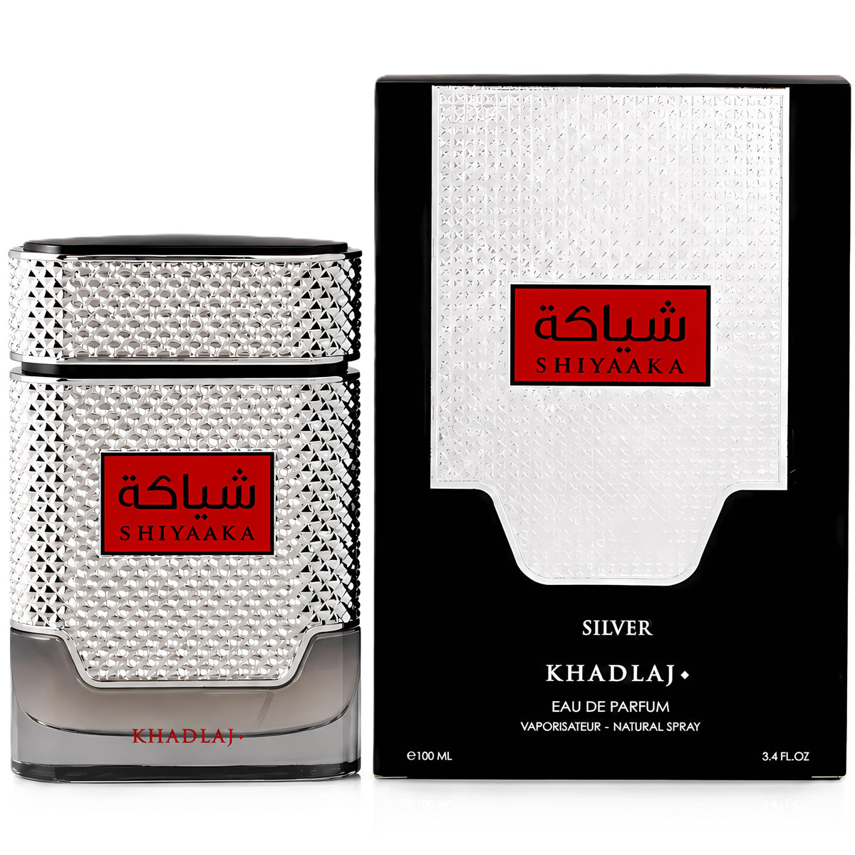 Khadlaj Shiyaaka Snow perfume in stylish silver bottle, encased in elegant box. Verified by CuratCart for trust.