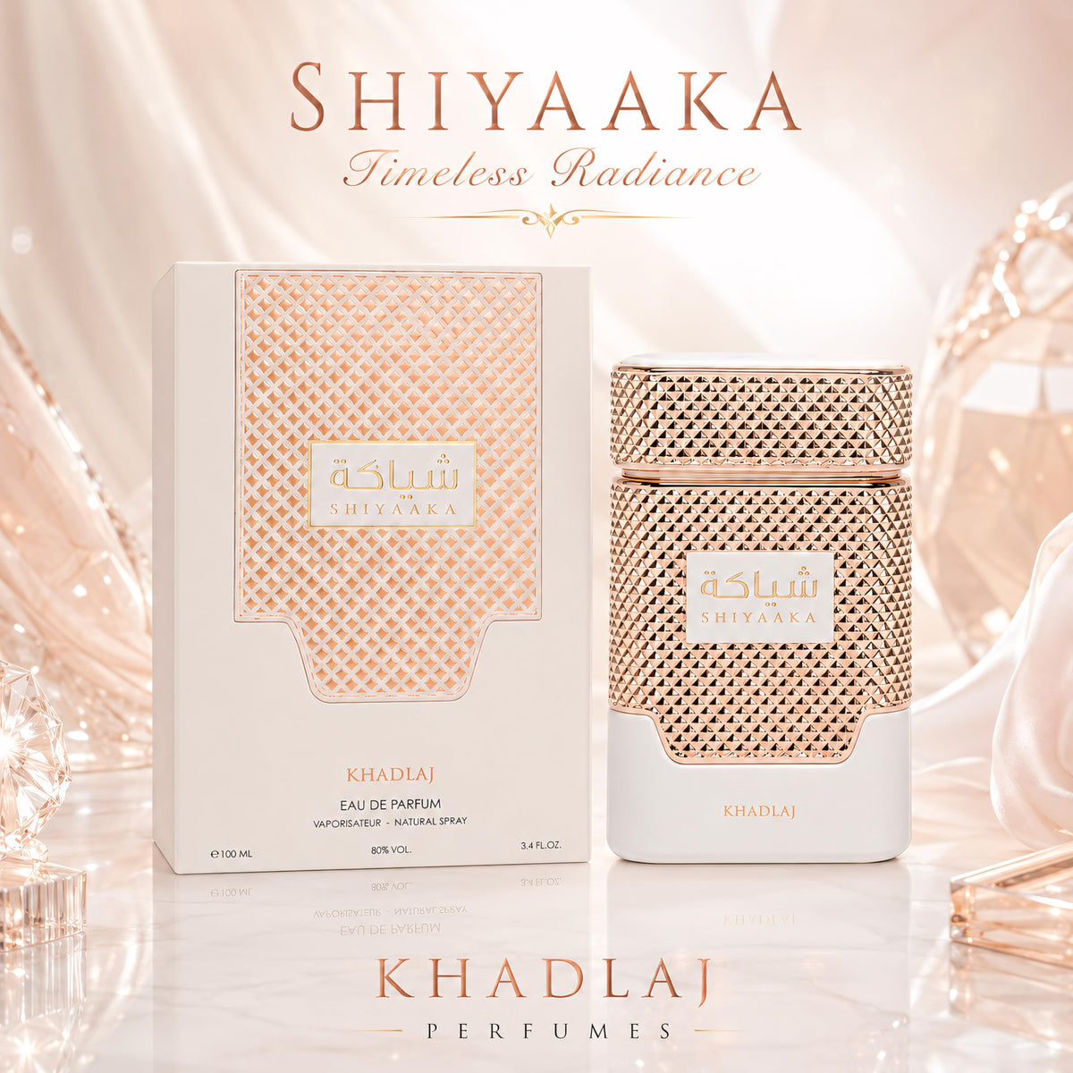 Premium imported Khadlaj Shiyaaka Snow perfume features a citrusy, woody scent in elegant packaging. Timeless radiance.