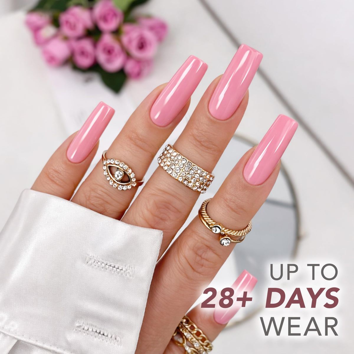Stylish manicure with Kiara Sky Rubber Base Gel, offering up to 28+ days of wear. Verified by CuratCart for trust.