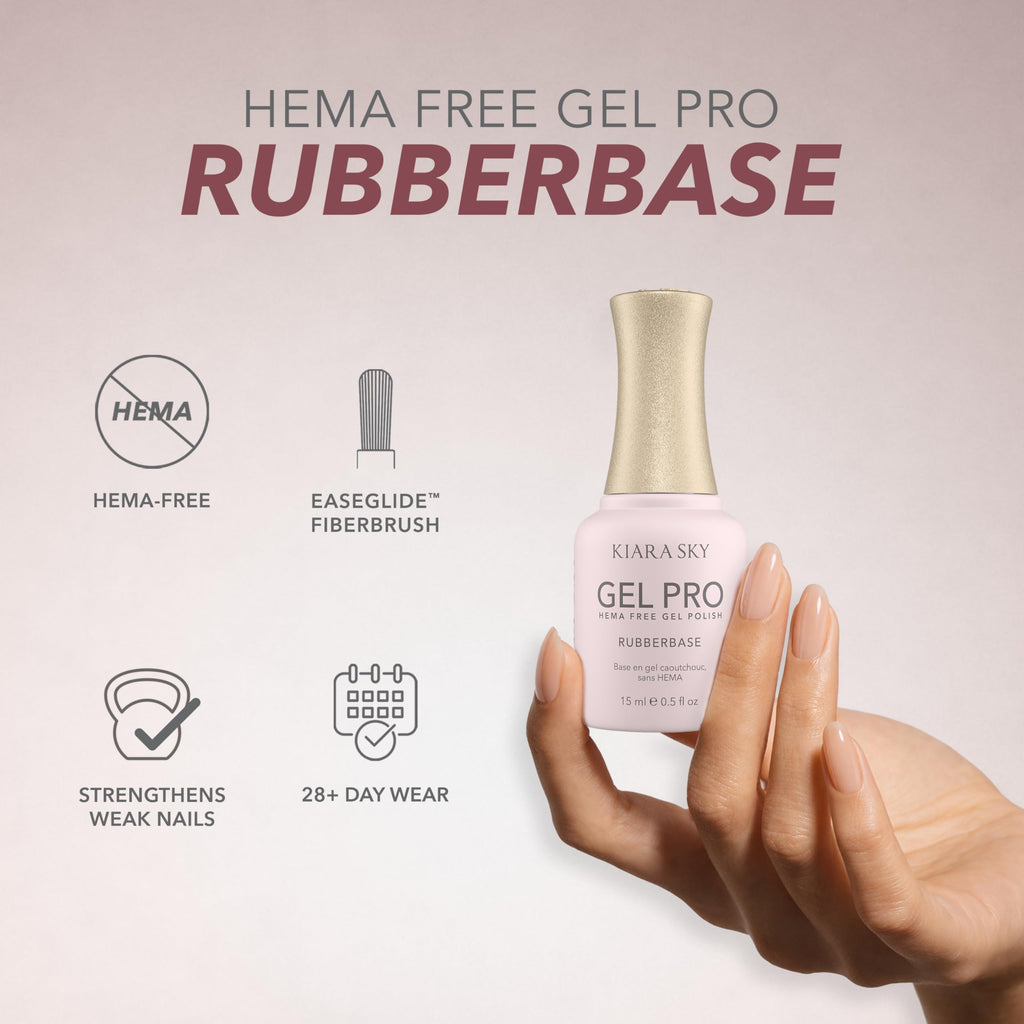 Discover KIARA SKY's HEMA-free Rubber Base Gel, available for online order. Strengthens nails and lasts over 28 days!