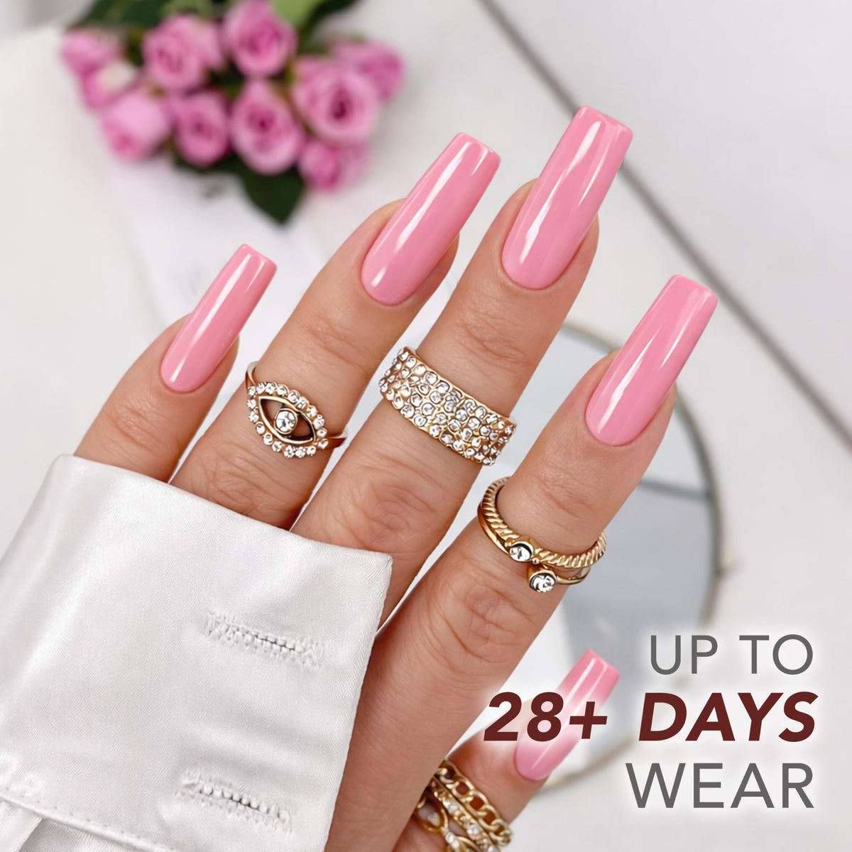 Authentic KIARA SKY Rubber Base Gel offers a stunning pink finish, lasting up to 28 days. Perfect for durable and stylish nails.