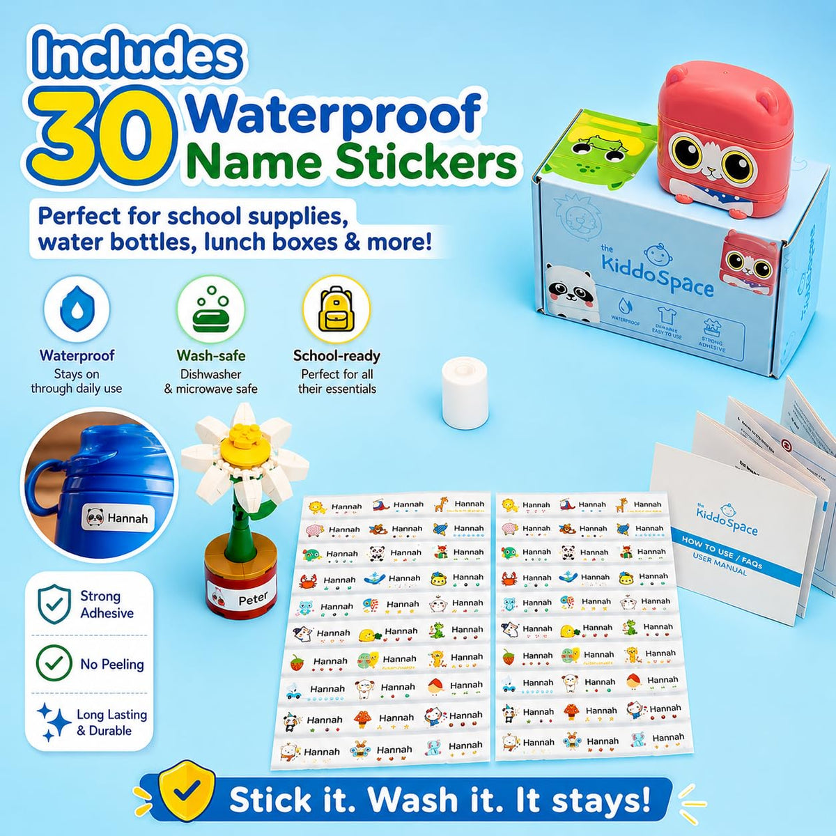 KiddoSpace Name Stamp for Clothing includes 30 waterproof name stickers, perfect for school supplies and daily use. Available at Curat Cart.