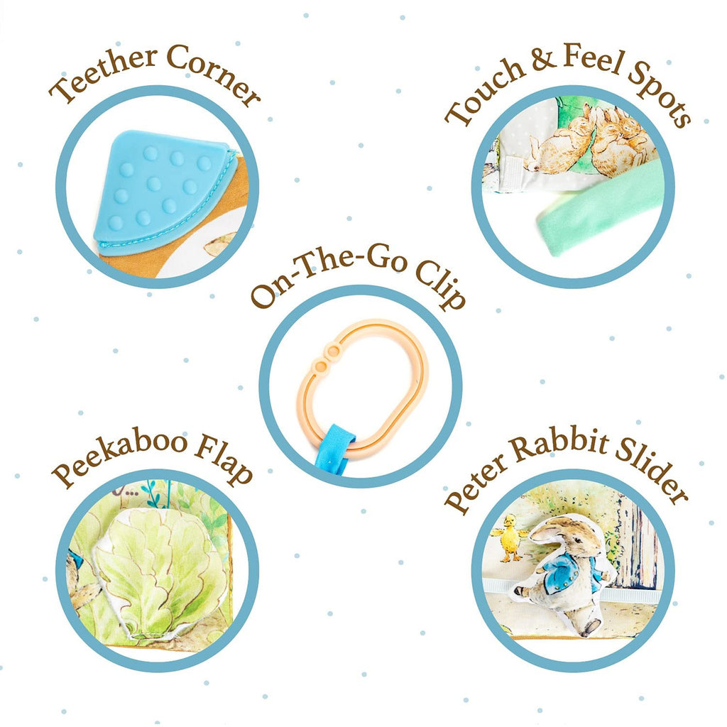 Explore the Peter Rabbit Soft Book's high-quality finish with teether corner, peekaboo flap, and on-the-go clip. Available at Curat Cart.