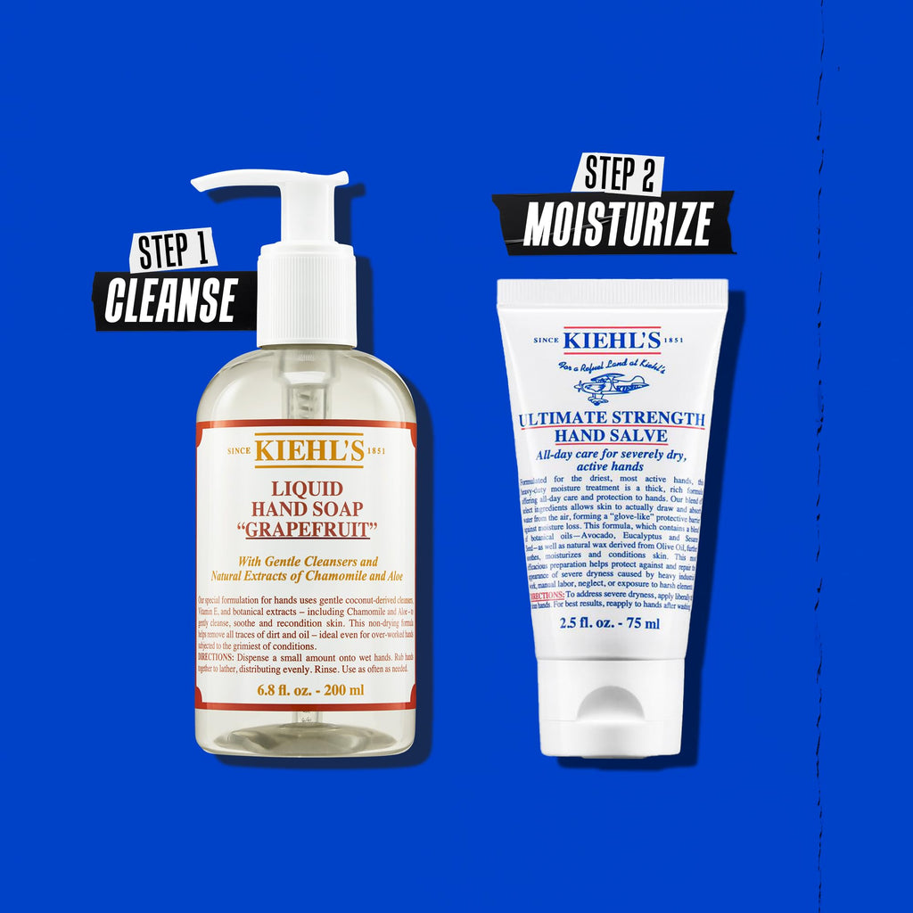 Authentic Kiehl's Ultimate Strength Hand Salve and Liquid Hand Soap for effective hand cleansing and moisturizing.