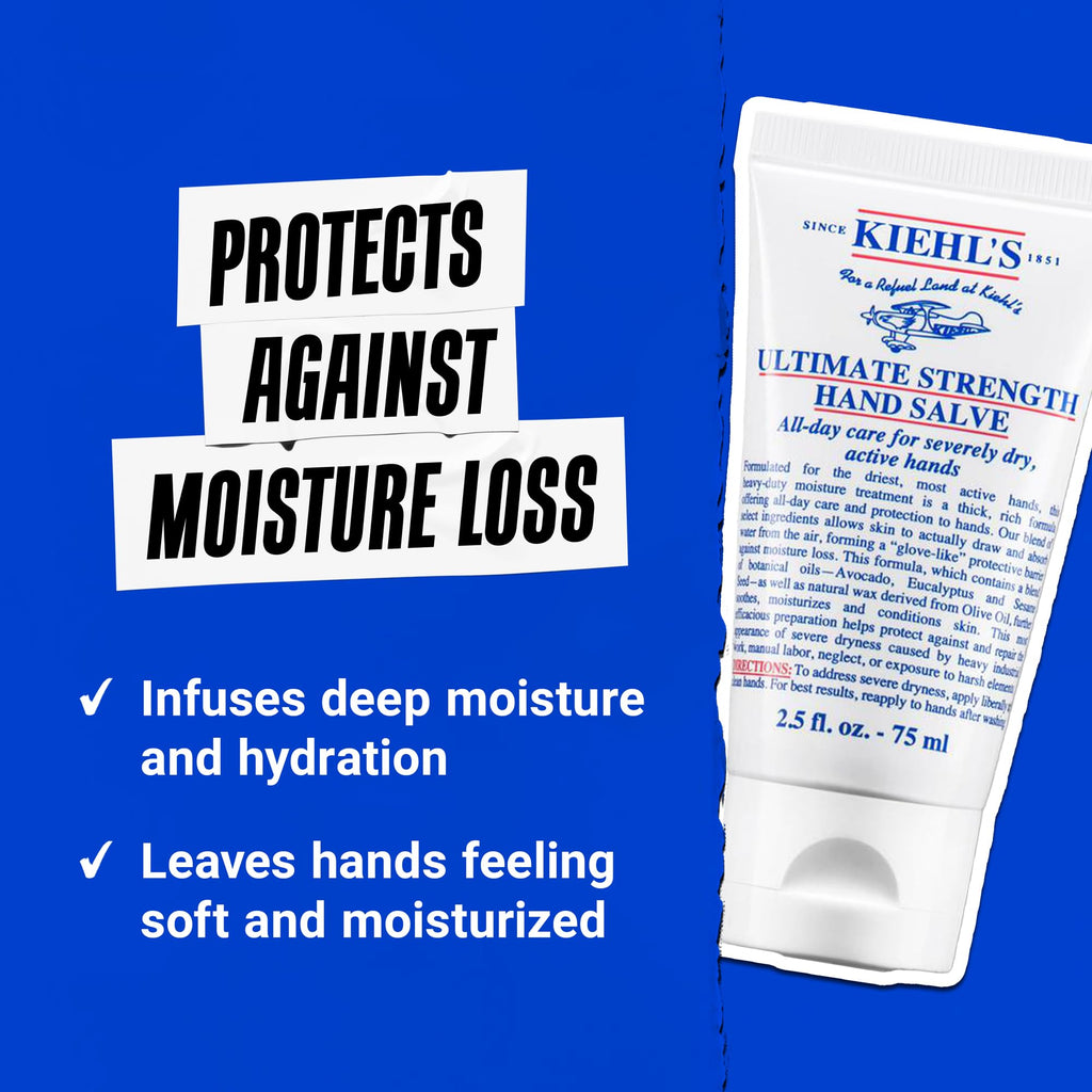 Premium hand salve from Kiehl's, hydrates and protects hands from moisture loss, ensuring all-day nourishment.