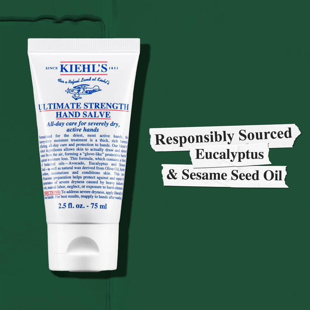 Kiehl's Ultimate Strength Hand Salve features eucalyptus and sesame seed oil for all-day care of severely dry hands.