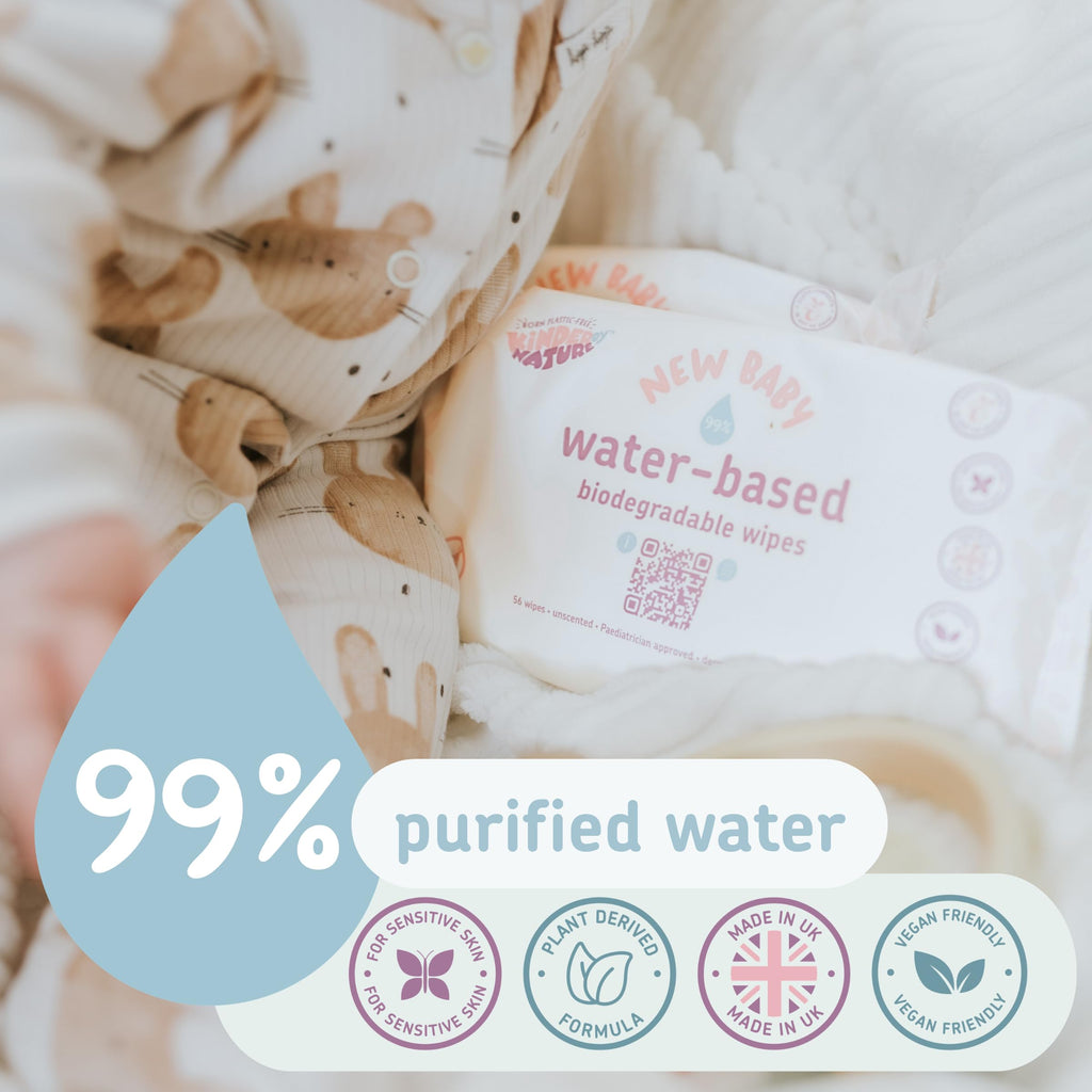 Kinder by Nature Baby Wipes feature high-quality biodegradable packaging with 99% purified water, available at Curat Cart.