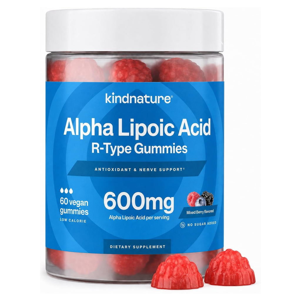 Indulge in kindnature Alpha Lipoic Acid Gummies, a premium import from Curat Cart, offering antioxidant support in delicious mixed berry flavor.