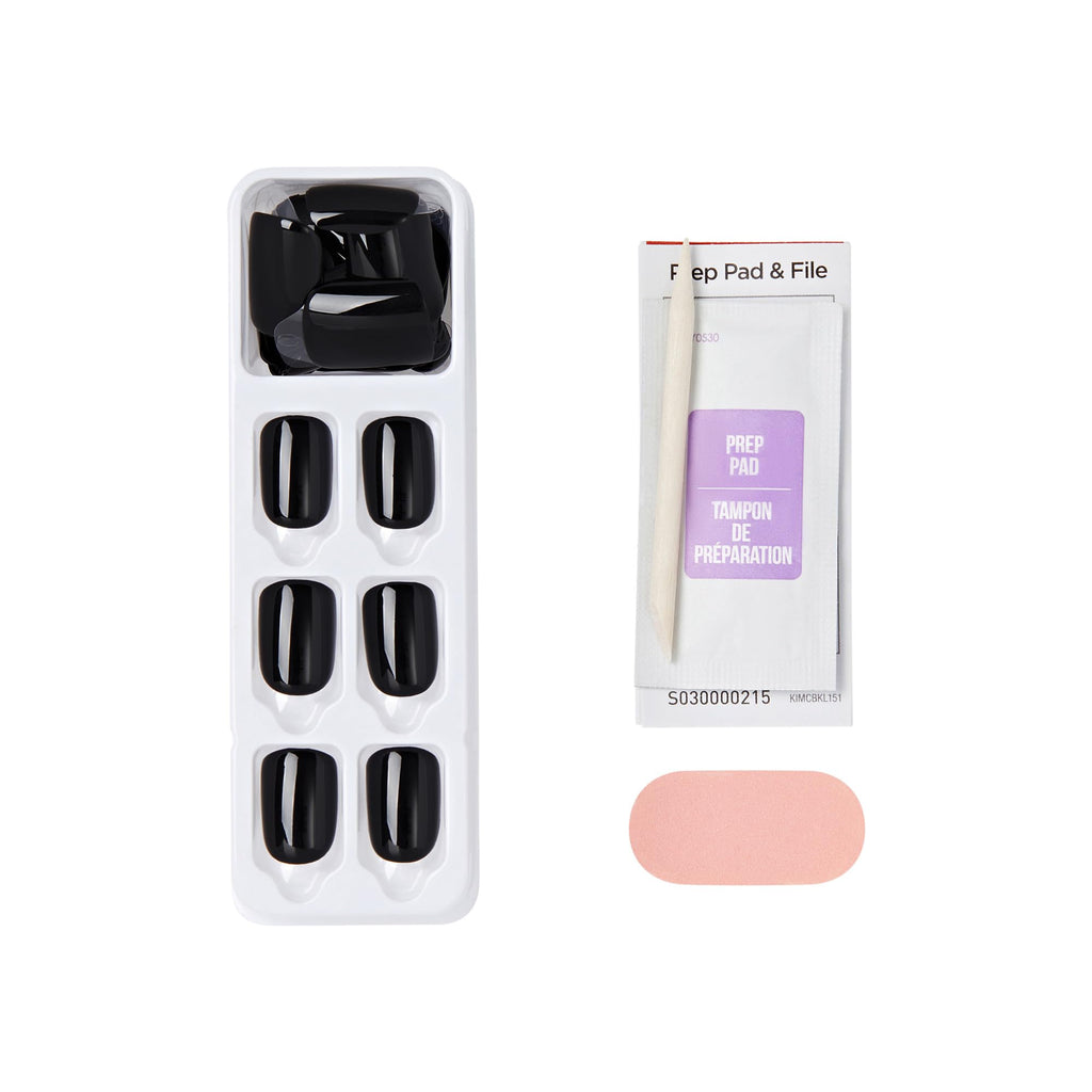 Kiss Impress No Glue Mani press-on nails in black, includes prep pad and file for easy application. Verified by CuratCart.