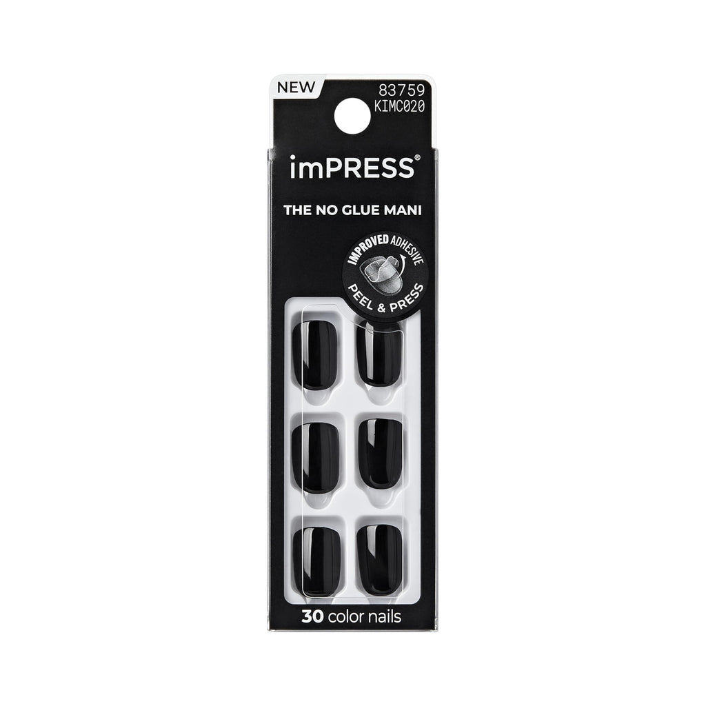 Kiss Impress No Glue Mani features 30 color press-on nails in black, offering authentic, easy nail styling without glue.