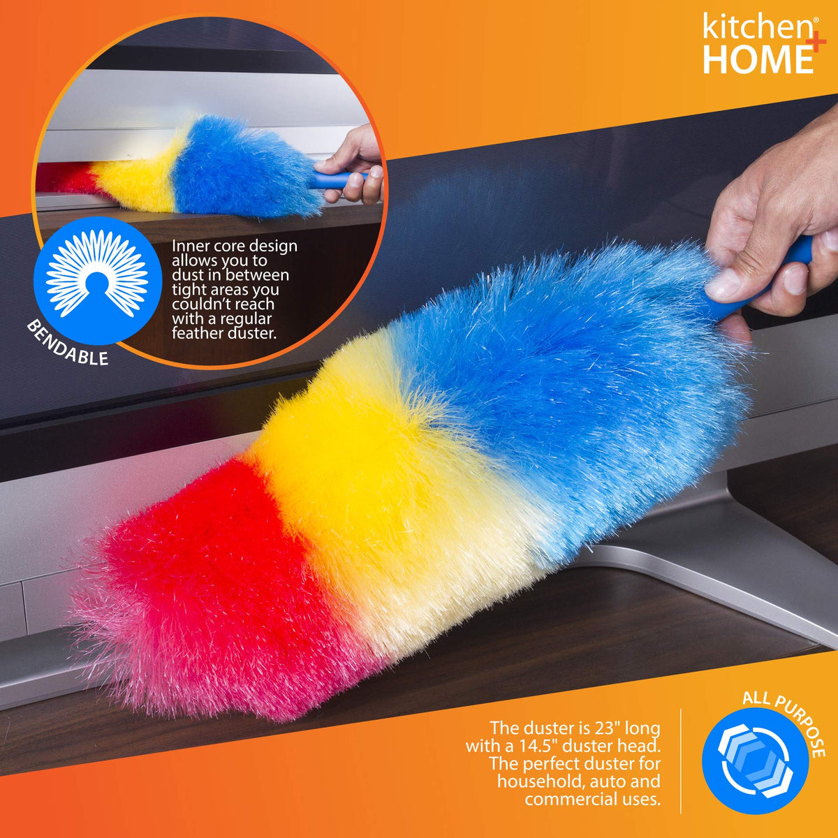 The Rainbow Static Duster, specially curated by Curat Cart, features a bendable design for hard-to-reach areas. Perfect for all uses.