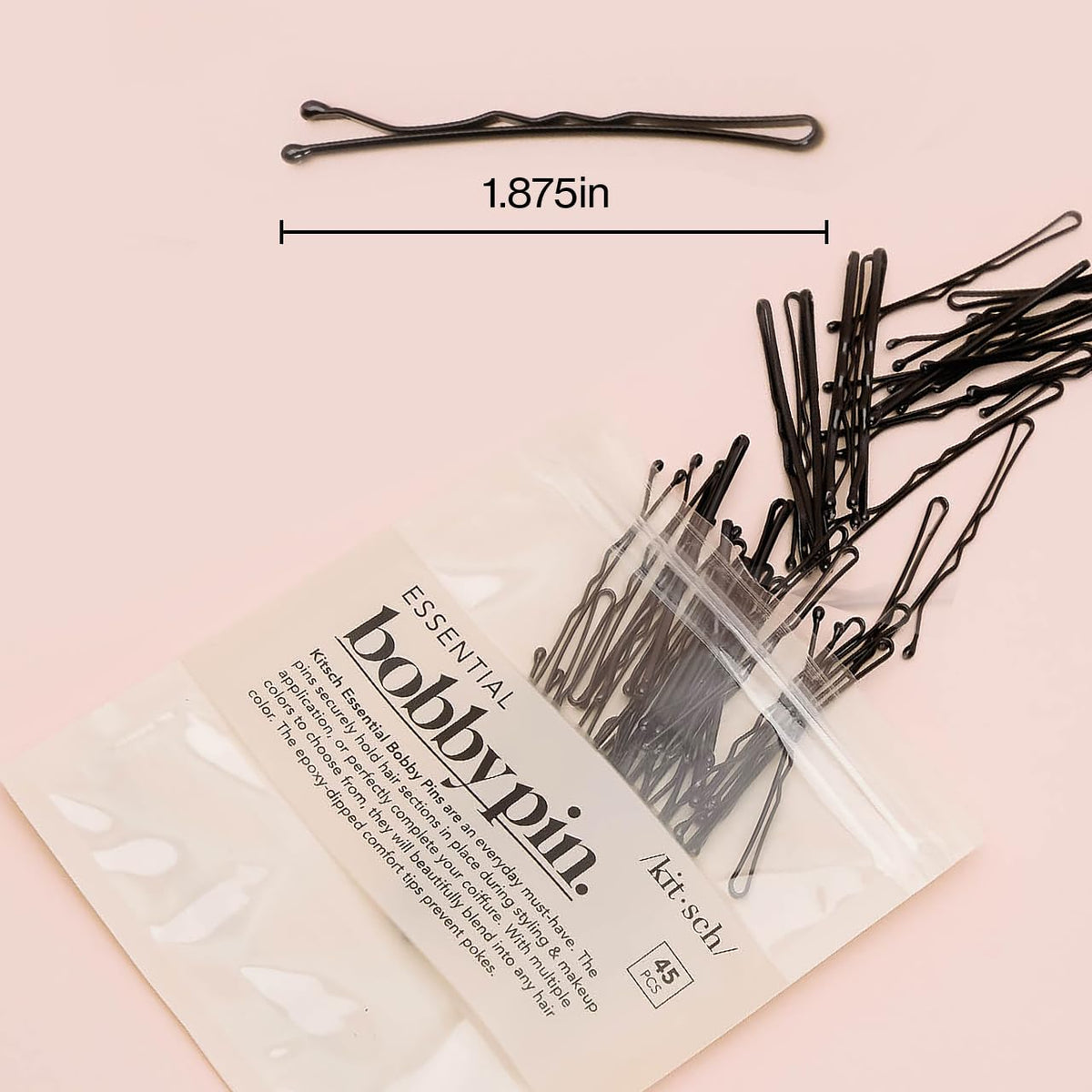 Kitsch Bobby Pins in a resealable bag, ideal for styling blonde hair. Trusted by CuratCart. Each pin measures 1.875 inches.