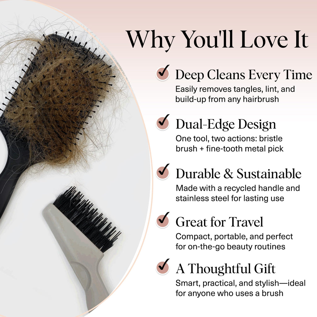 Premium hair brush cleaner tool for deep cleaning, featuring a dual-edge design and sustainable materials. Perfect for travel.