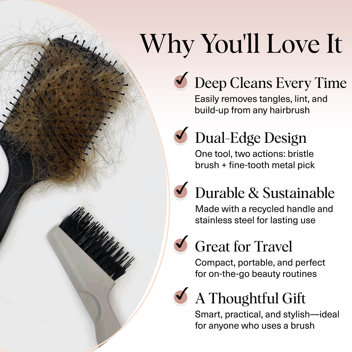 Premium hair brush cleaner tool for deep cleaning, featuring a dual-edge design and sustainable materials. Perfect for travel.