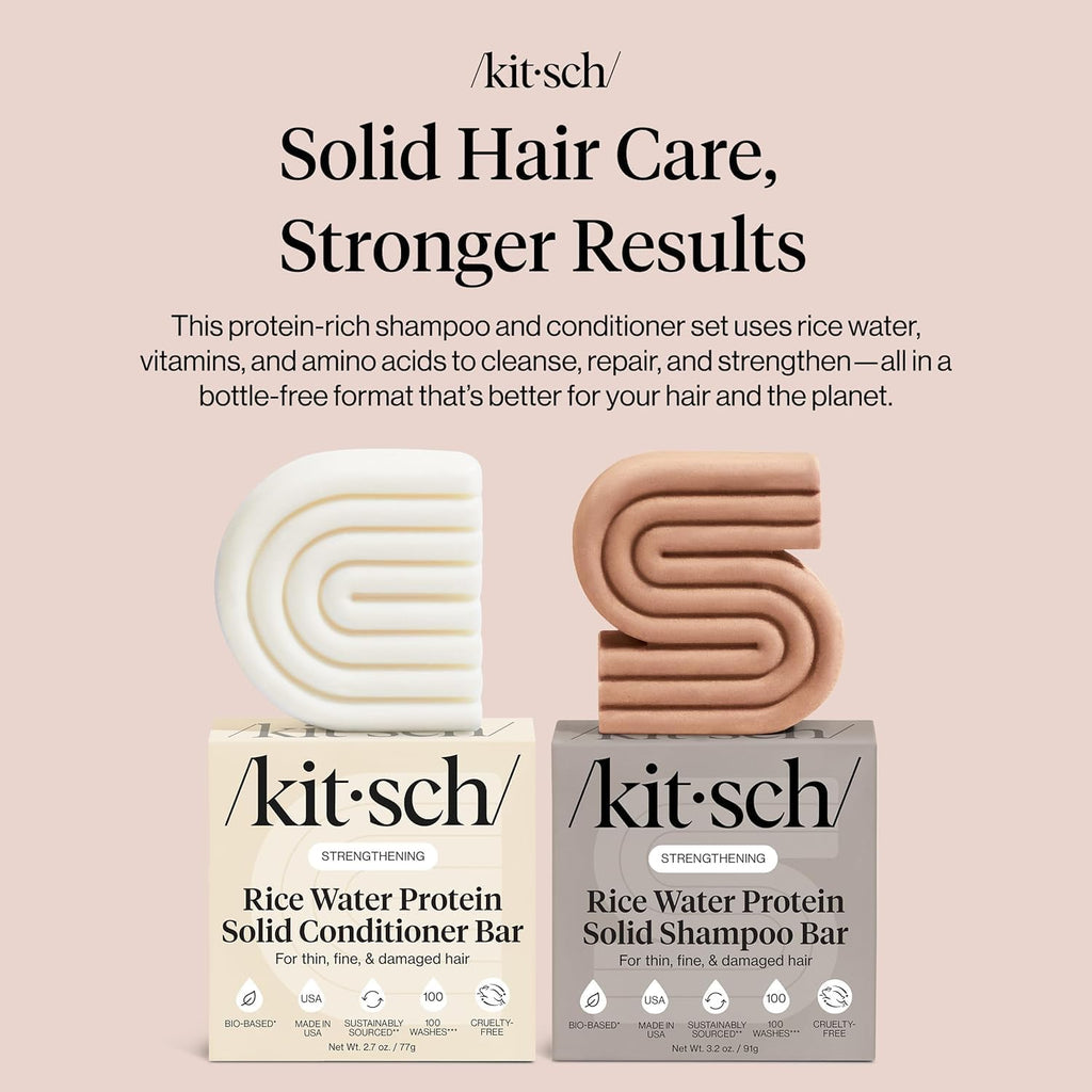 Kitsch rice water solid shampoo and conditioner duo features eco-friendly formats for healthy hair. Premium skincare solution.