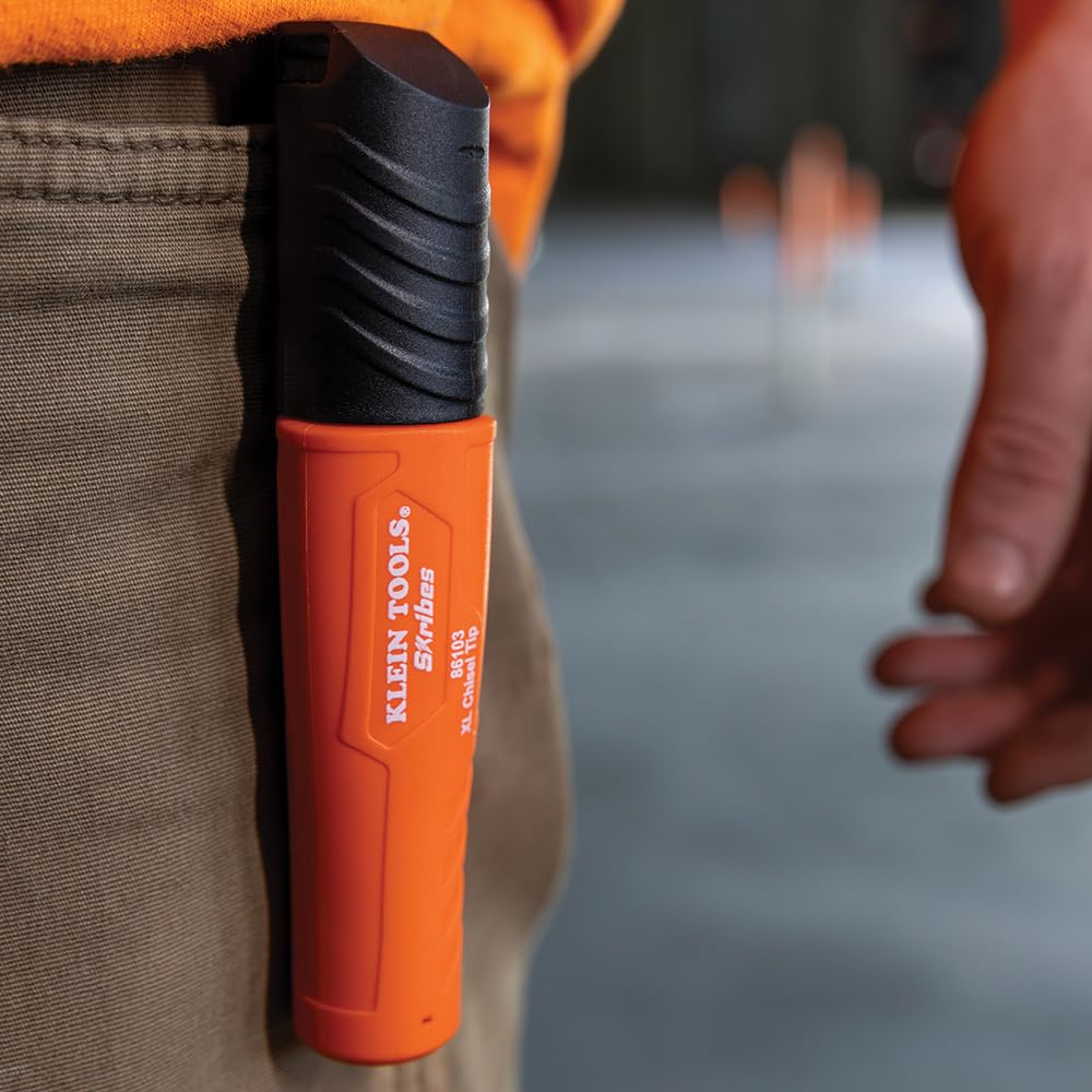 Klein Tools Skribes XL Marker securely held in pocket, perfect for on-the-go marking. Upgrade your toolkit at Curat Cart.
