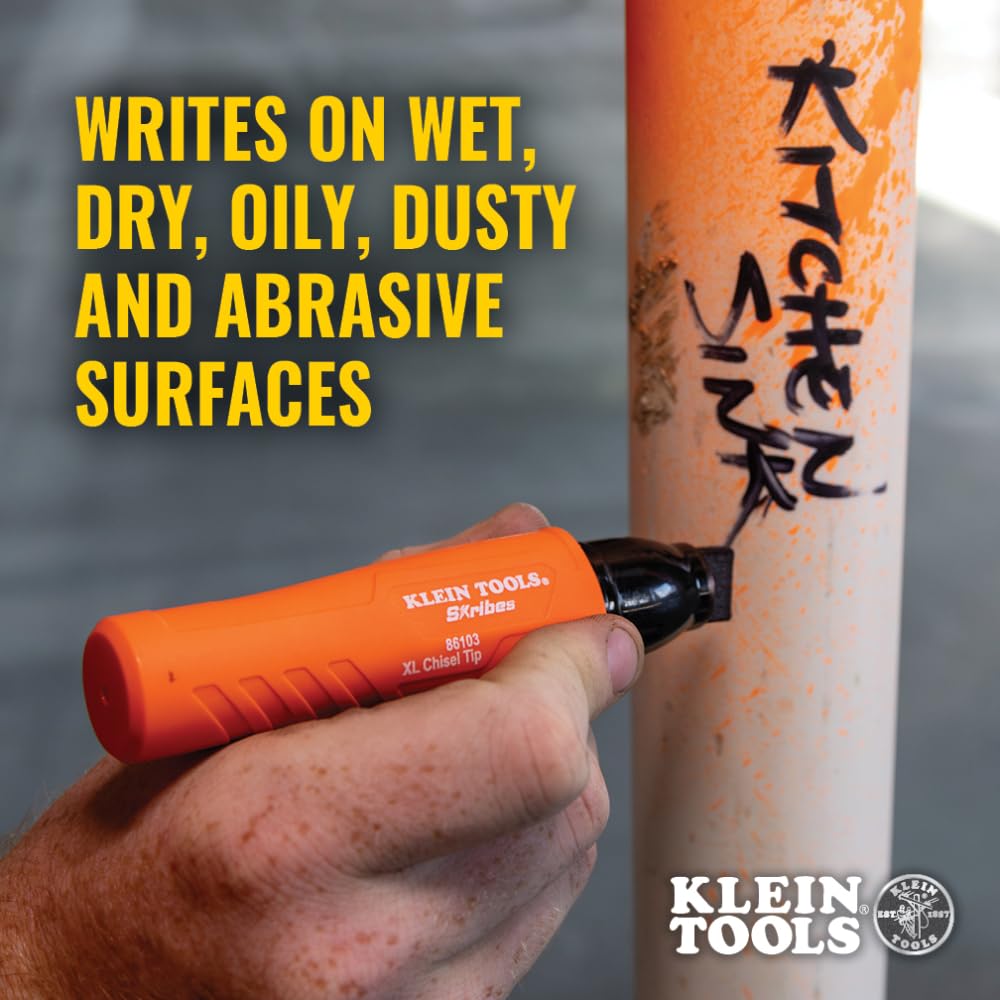 Klein Tools Skribes XL Marker writes effectively on various surfaces, showcasing its high-quality finish. Available at Curat Cart.