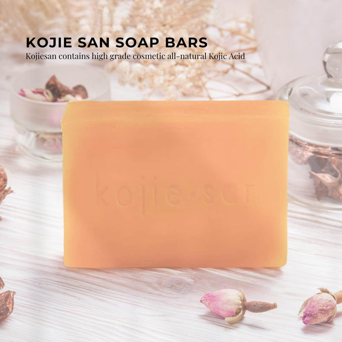 Premium imported Kojie San soap bar, enriched with all-natural Kojic Acid for skin lightening and radiance.
