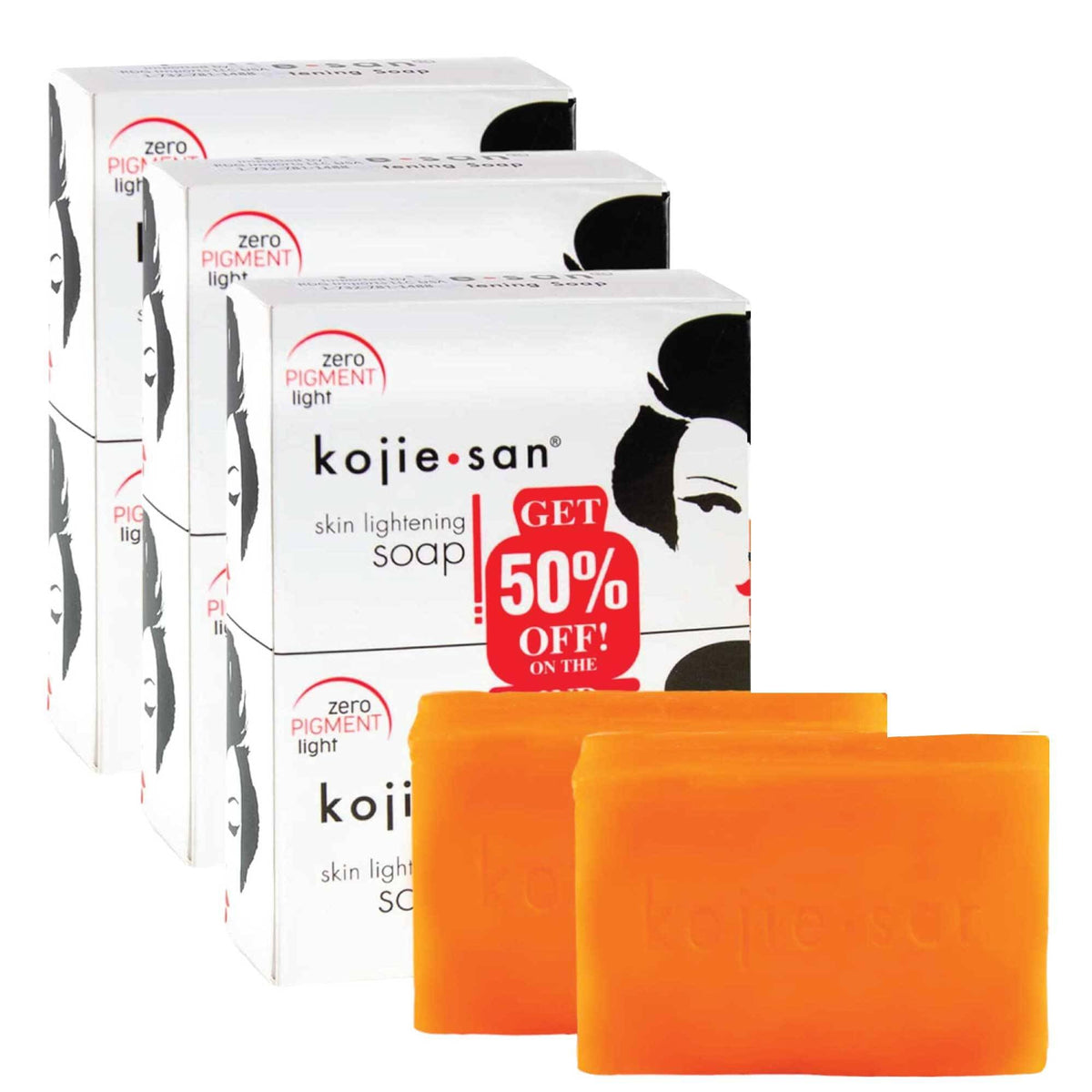 Kojie San skin lightening soap bars with packaging, 50% off offer. Verified by CuratCart for quality assurance.