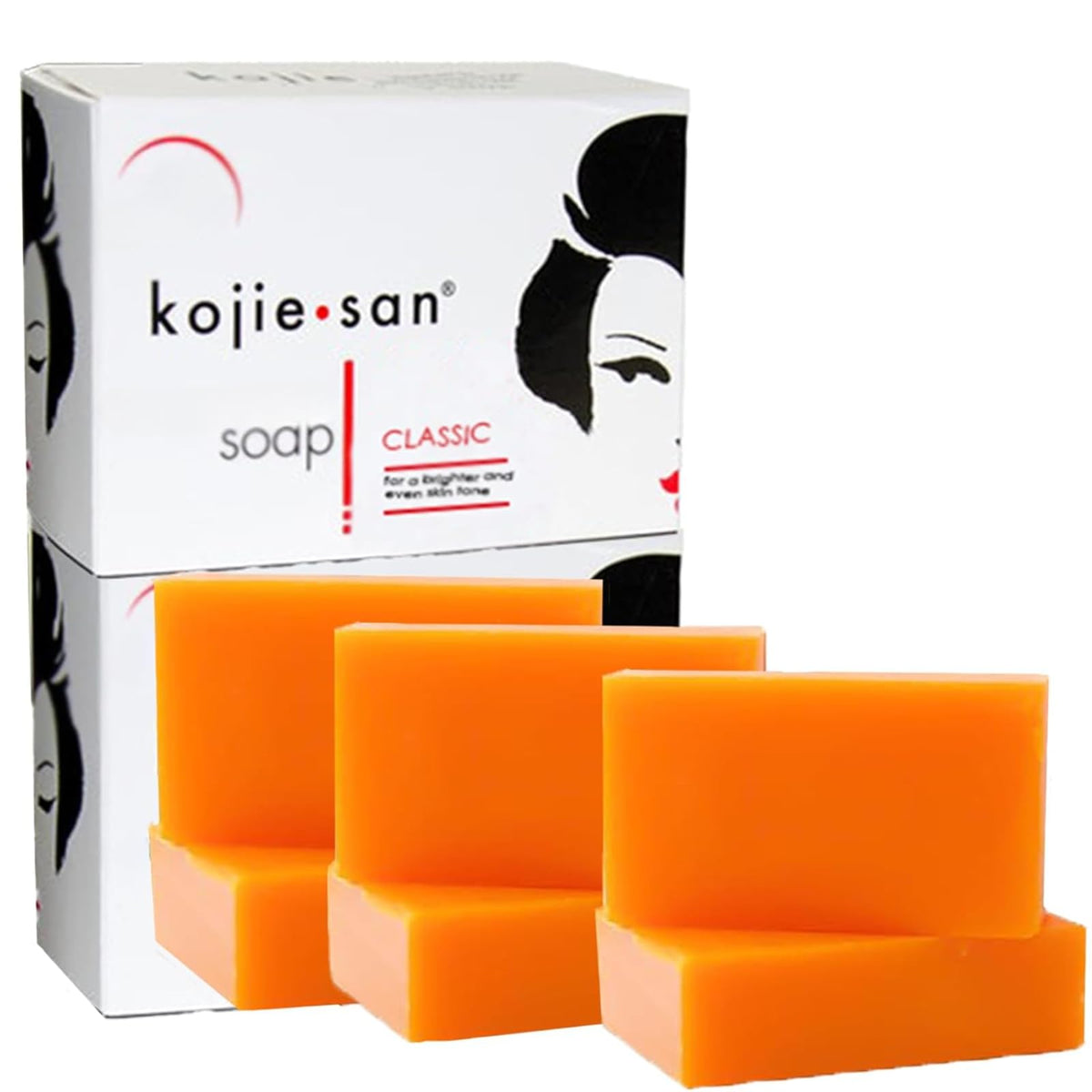 Authentic Kojie San Skin Lightening Soap, three vibrant orange bars in classic packaging for effective skin brightening.