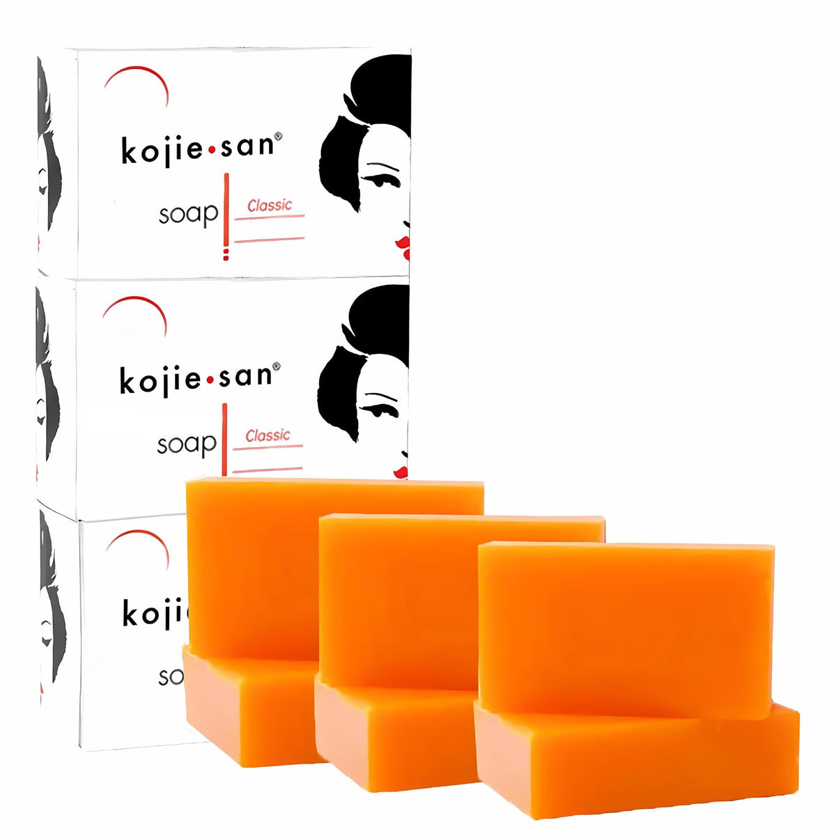Three vibrant orange Kojie San skin lightening soap bars with original packaging stacked behind for a fresh, appealing display.