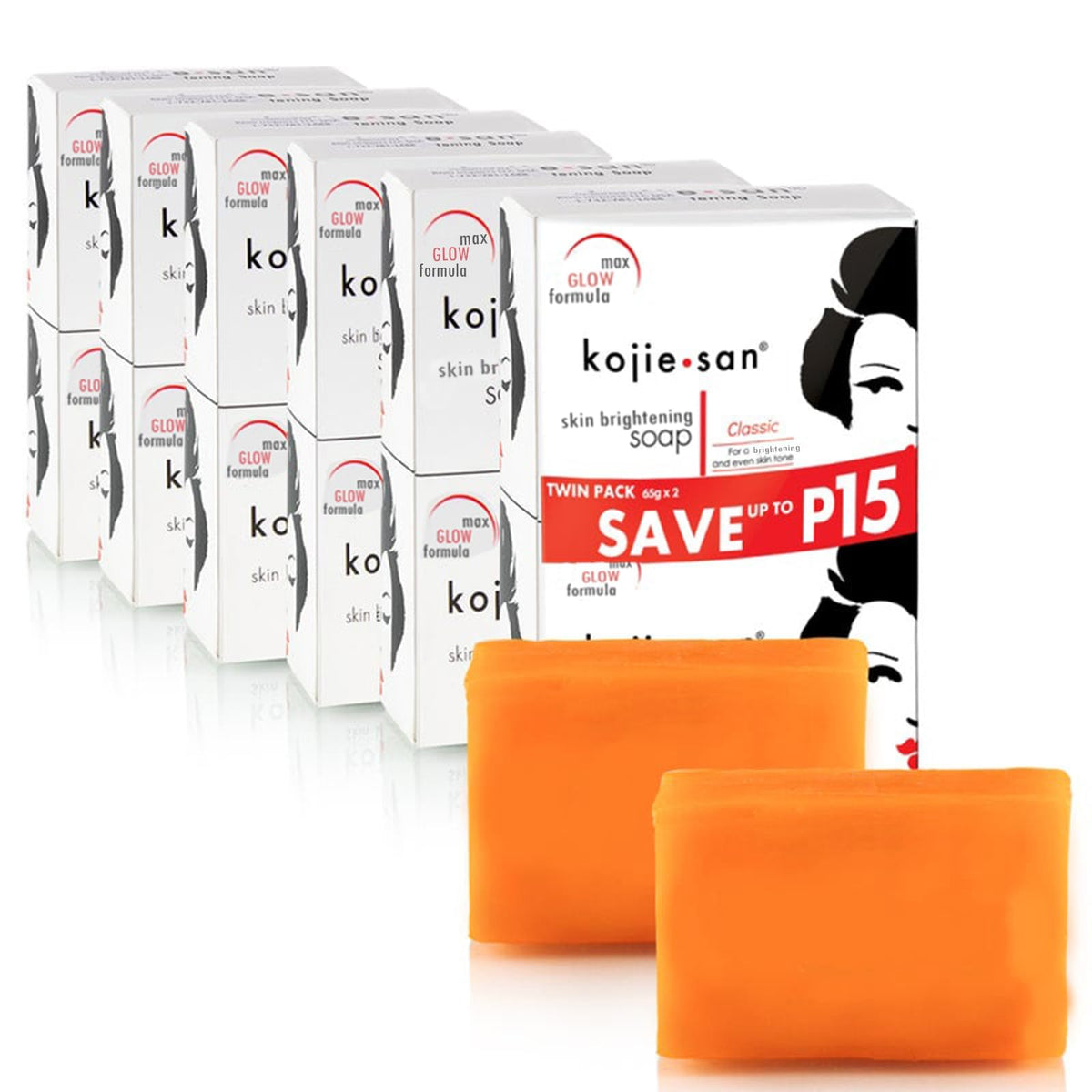 Original Kojie San skin lightening soap twin pack with vibrant orange bars, promoting skin brightening benefits.