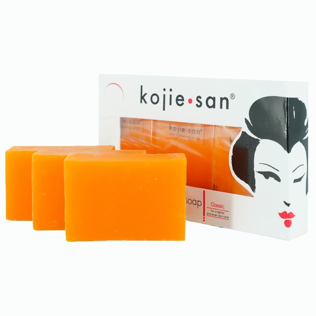 Kojie San Skin Lightening Soap set, featuring three vibrant orange bars. Verified by CuratCart for quality assurance.