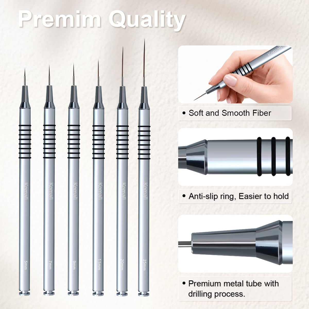 Explore the Komall Metallic Nail Art Brushes, 6 pcs set. Available online, perfect for precision nail art. Order now!
