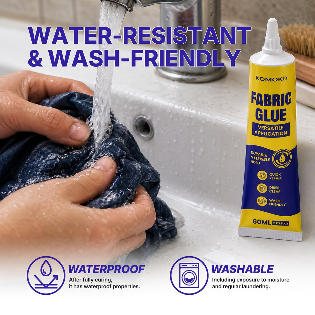 Discover Komoko Fabric Glue Permanent, water-resistant and wash-friendly, specially curated by Curat Cart for durable fabric bonding.