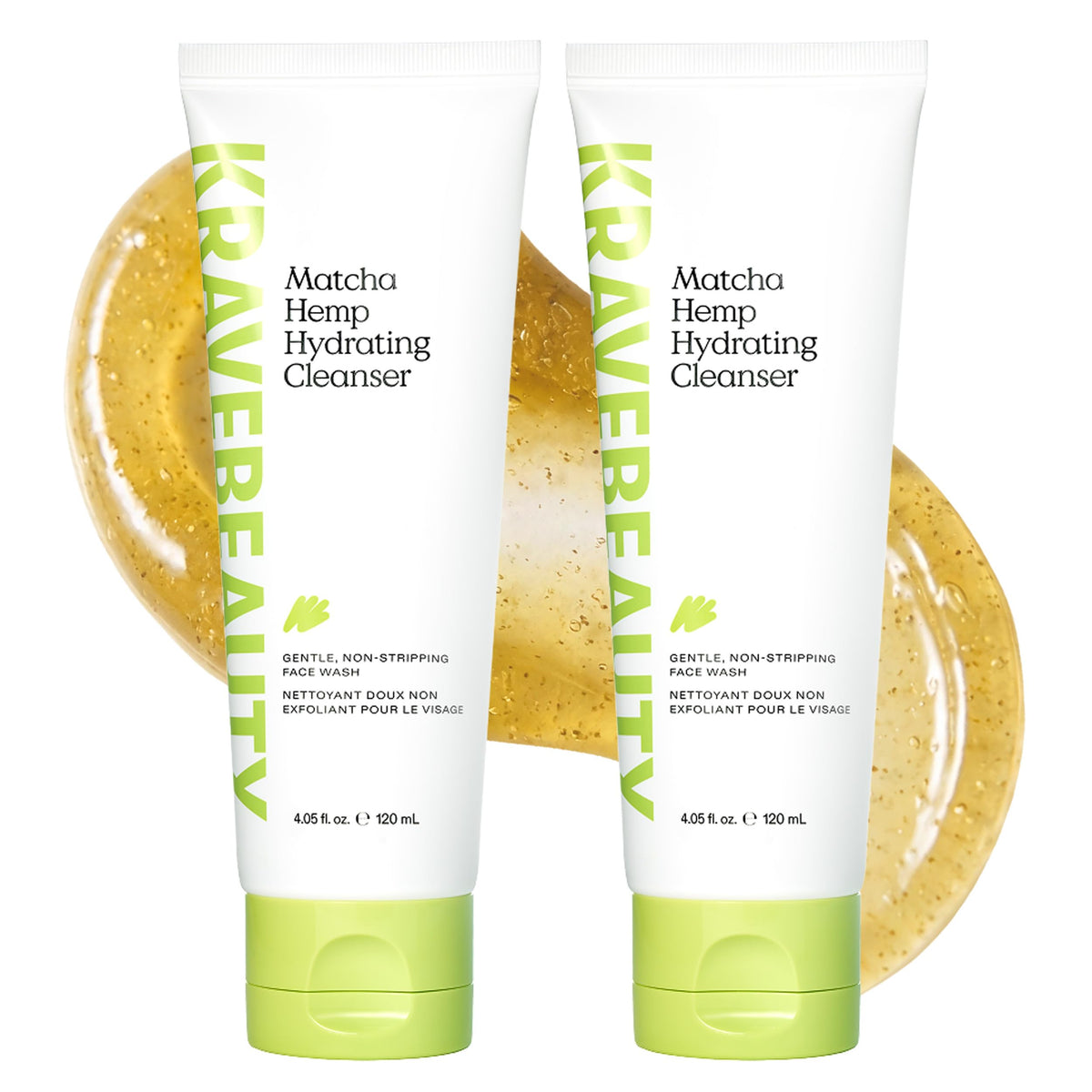Two tubes of KraveBeauty Matcha Hemp Hydrating Cleanser on a light background. Verified by CuratCart for quality assurance.