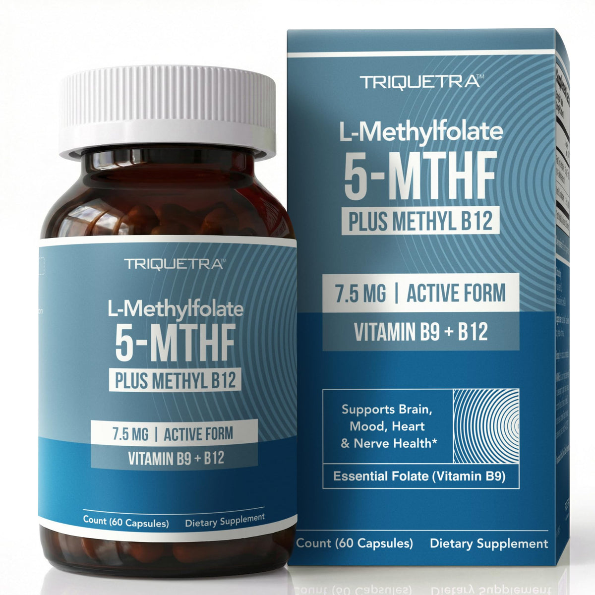 Authentic L Methylfolate Methyl B12 supplement, 60 capsules, supports brain, mood, heart, and nerve health.