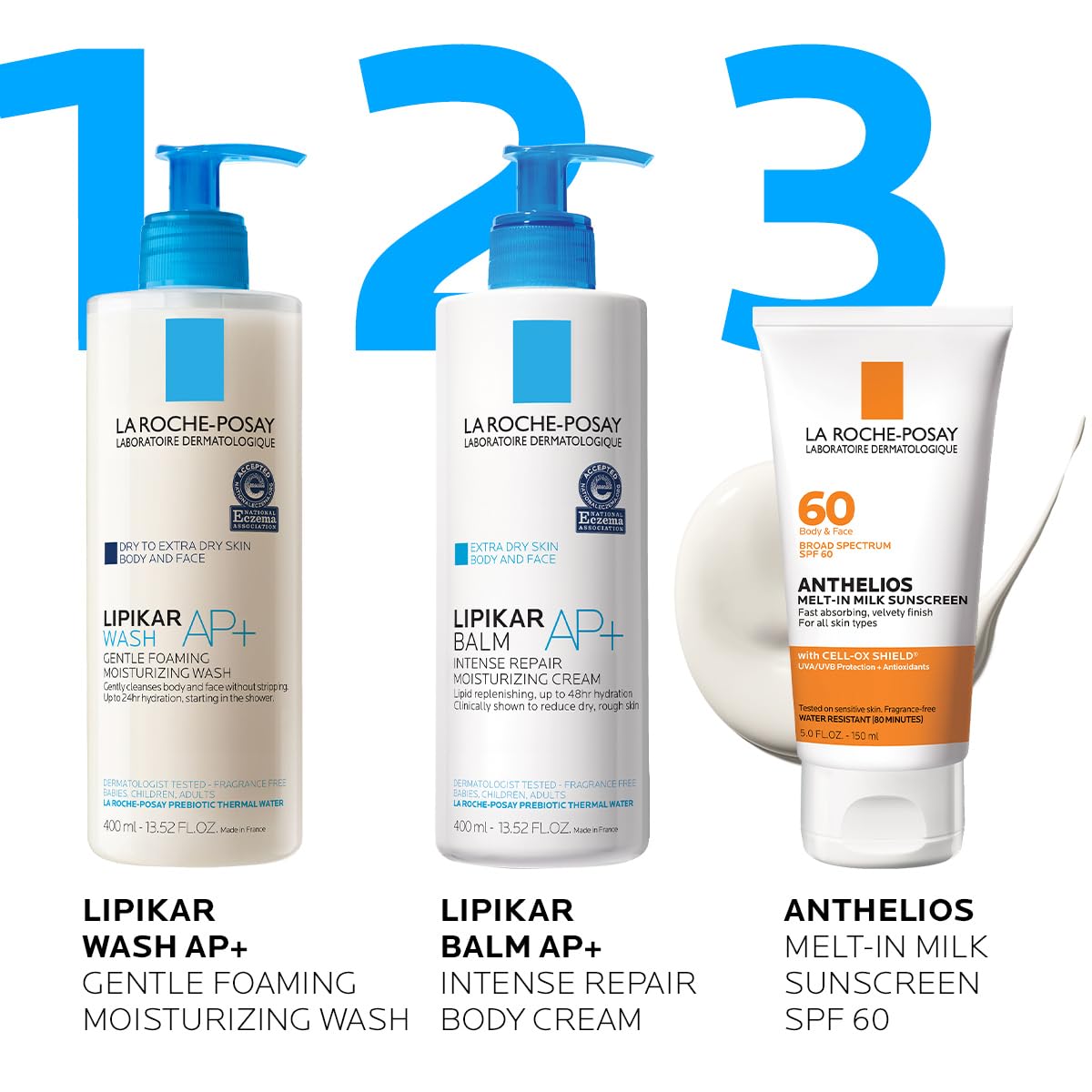 Original La Roche-Posay Anthelios Melt-In Milk SPF 60 sunscreen alongside Lipikar Wash and Balm products.