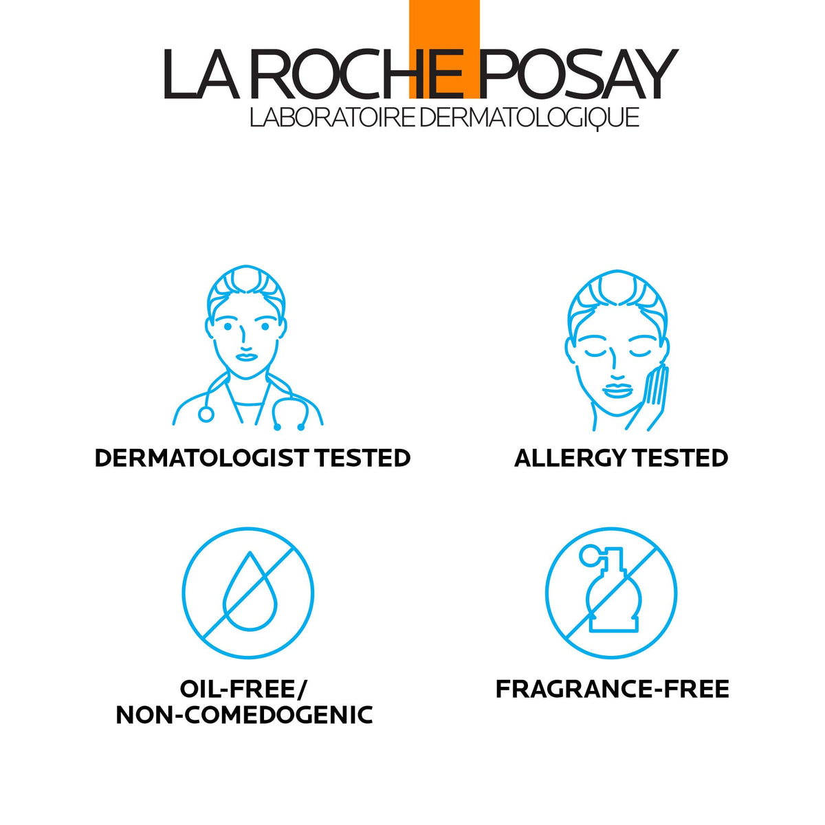 La Roche-Posay Anthelios Melt-In Milk showcases dermatologist-tested, allergy-tested, oil-free, and fragrance-free attributes.