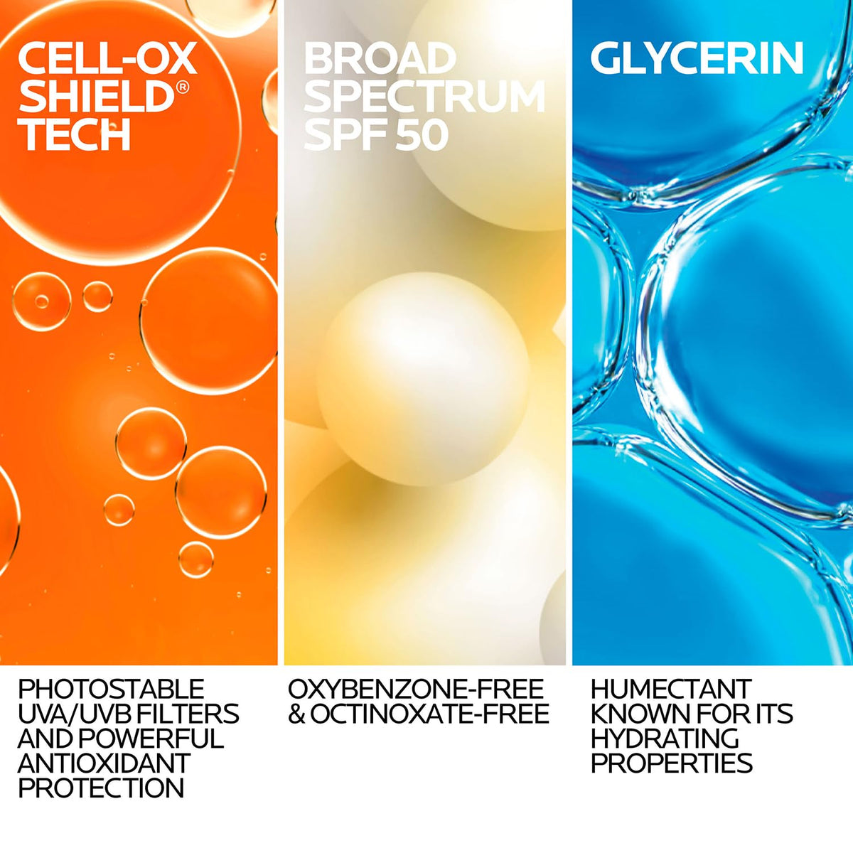 Premium imported La Roche-Posay Anthelios Sunscreen features Cell-Ox Shield technology, broad-spectrum SPF 50, and glycerin for hydration.