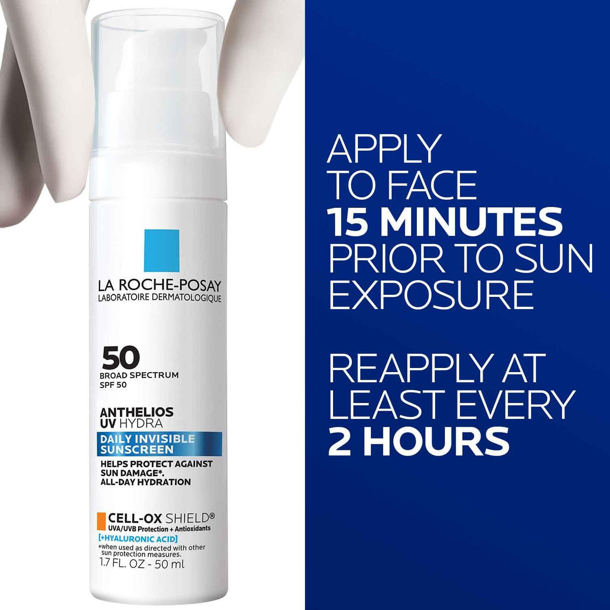 Premium imported La Roche-Posay Anthelios SPF 50 sunscreen, broad spectrum, for daily hydration and sun protection.