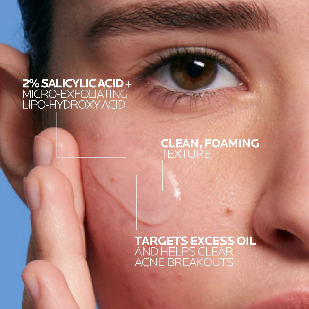 La Roche-Posay Effaclar Acne Wash features a clean, foaming texture with 2% salicylic acid, targeting excess oil for clear skin. Available at Curat Cart.