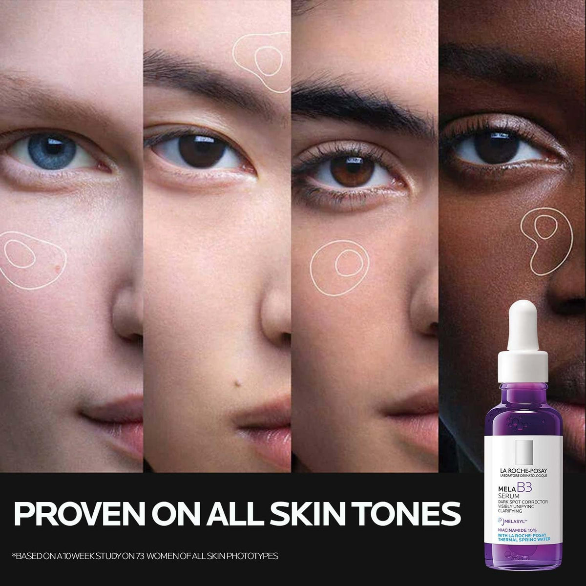 La Roche-Posay Mela B3 Serum showcases diverse skin tones, proving effectiveness for all. Original packaging included.