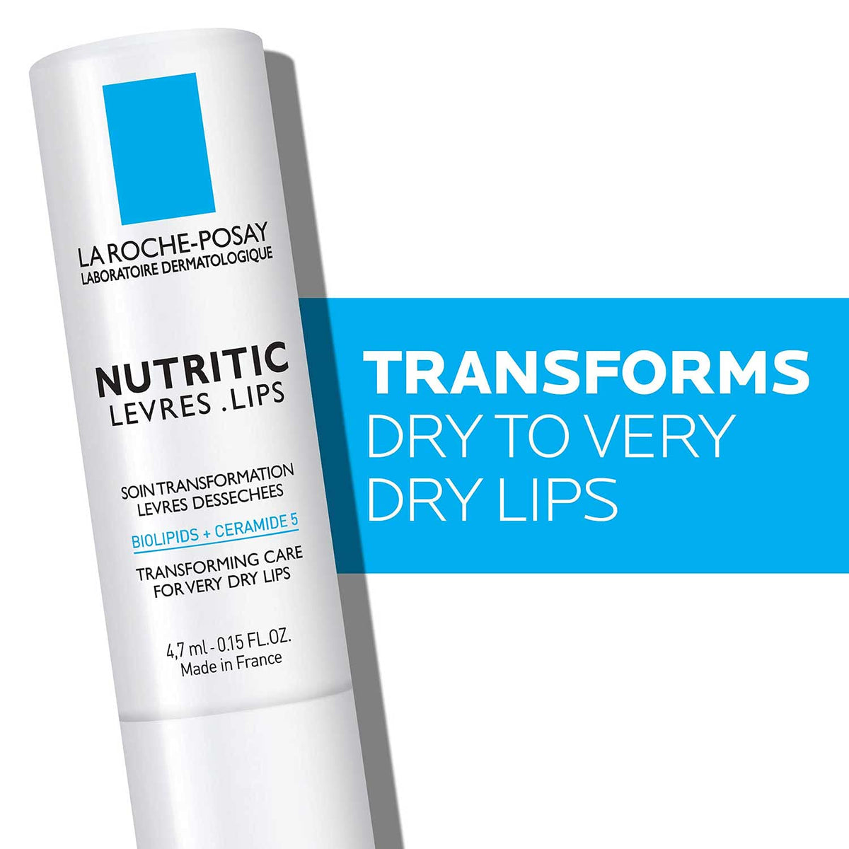 La Roche-Posay Nutritic Lip Balm, transforms dry lips with biolipids and ceramides, original packaging, made in France.