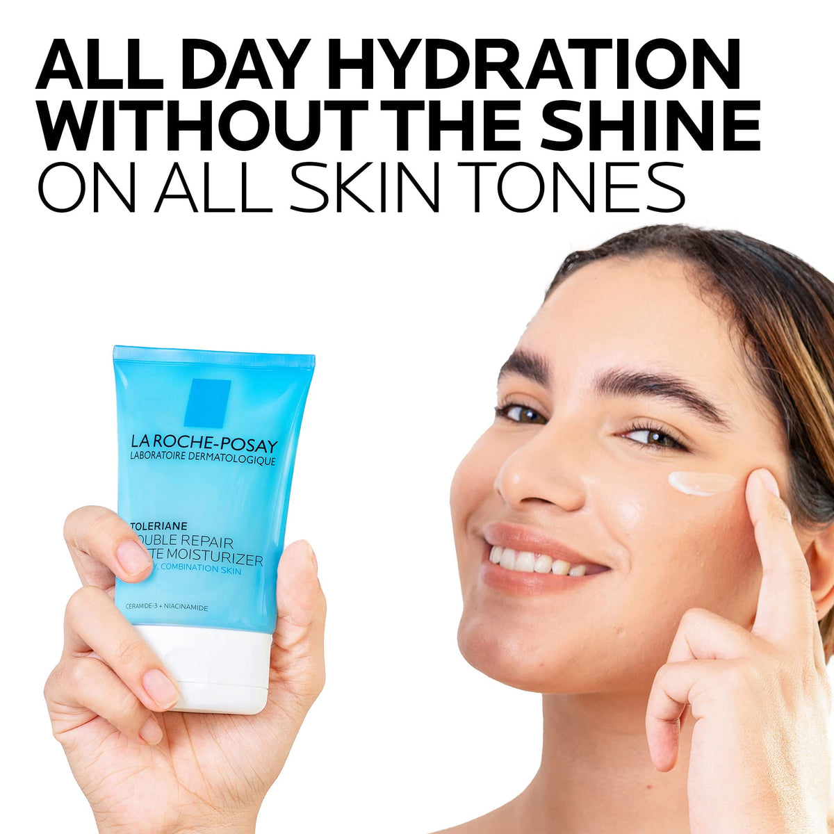 La Roche-Posay Toleriane Double Repair Moisturizer in blue tube, promoting hydration for all skin types, shown on model.