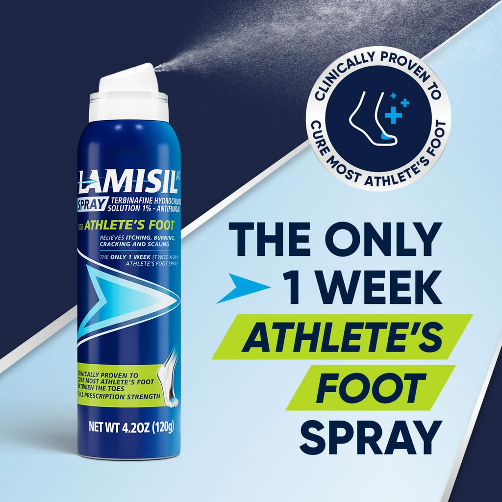 Lamisil Athlete's Foot Antifungal Spray in official packaging, clinically proven for fast relief, available at Curat Cart.