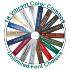 Custom Engraved Name Plates offered in 18 vibrant color combos and unlimited font choices, exclusively at Curat Cart.