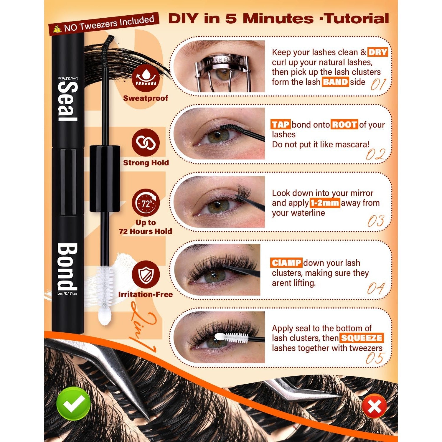 Premium imported Lash Clusters Kit for a fluffy look. Easy DIY application in minutes, sweatproof hold up to 72 hours.