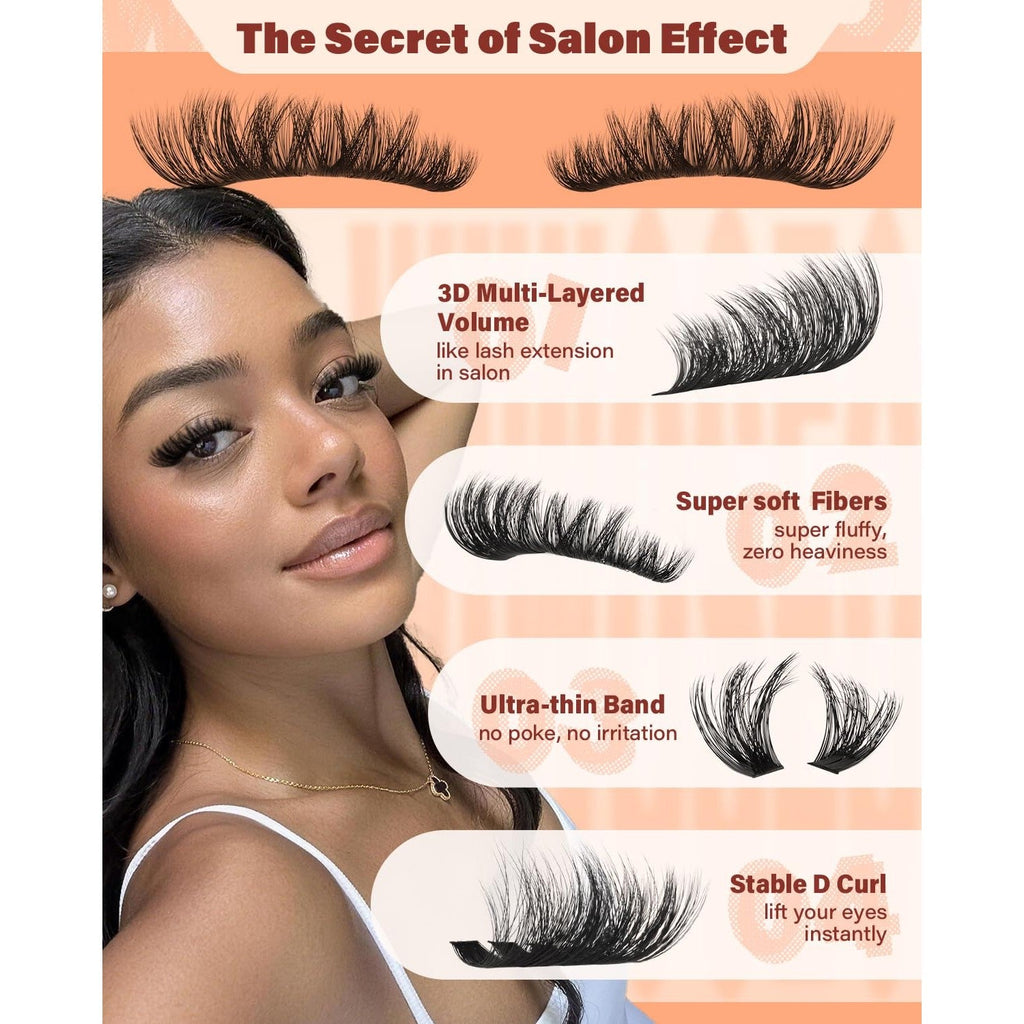 Premium imported lash clusters offering 3D volume, soft fibers, and ultra-thin bands for effortless application and comfort.