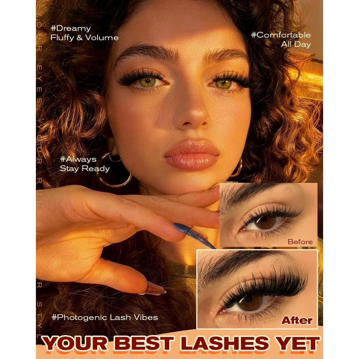 Lash Clusters Kit featuring fluffy 100D thickness, showcasing dramatic volume and all-day comfort. Perfect for stunning lash looks.