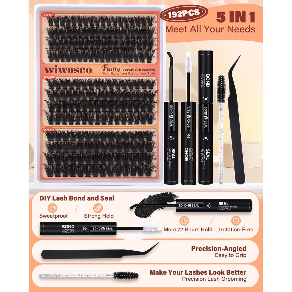 5-in-1 Lash Clusters Kit featuring 192pcs of fluffy 100D lashes, bond, seal, and grooming tools for DIY application.