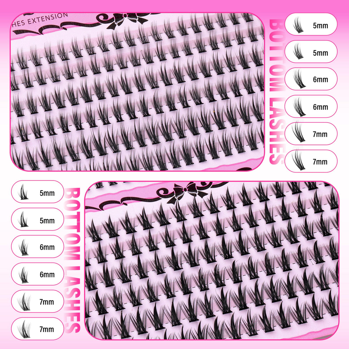 Fluffy 100D Thick Lash Clusters Kit featuring various lengths (5mm to 7mm) for stunning eyelash extensions, verified by CuratCart.