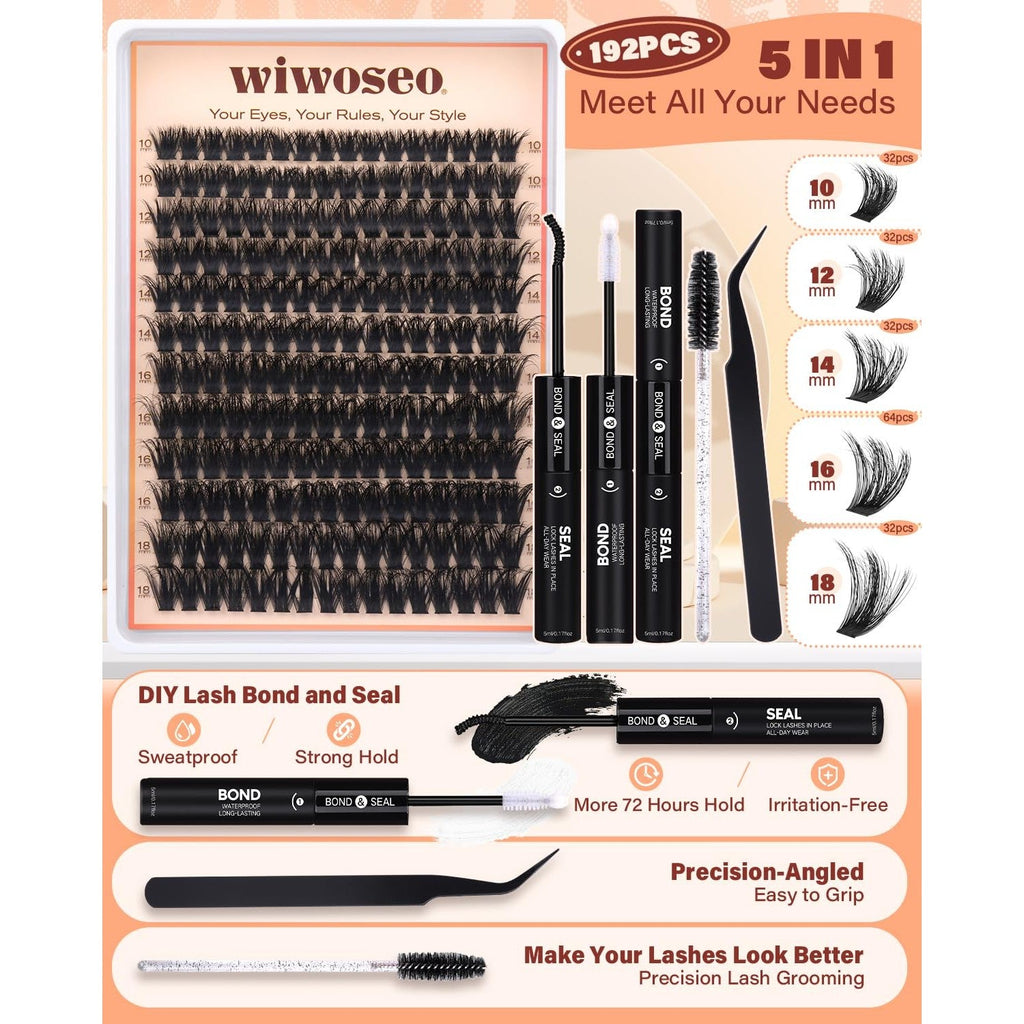 Authentic Lash Clusters Kit with 192 pieces, featuring bond and seal applicators for easy DIY lash application.